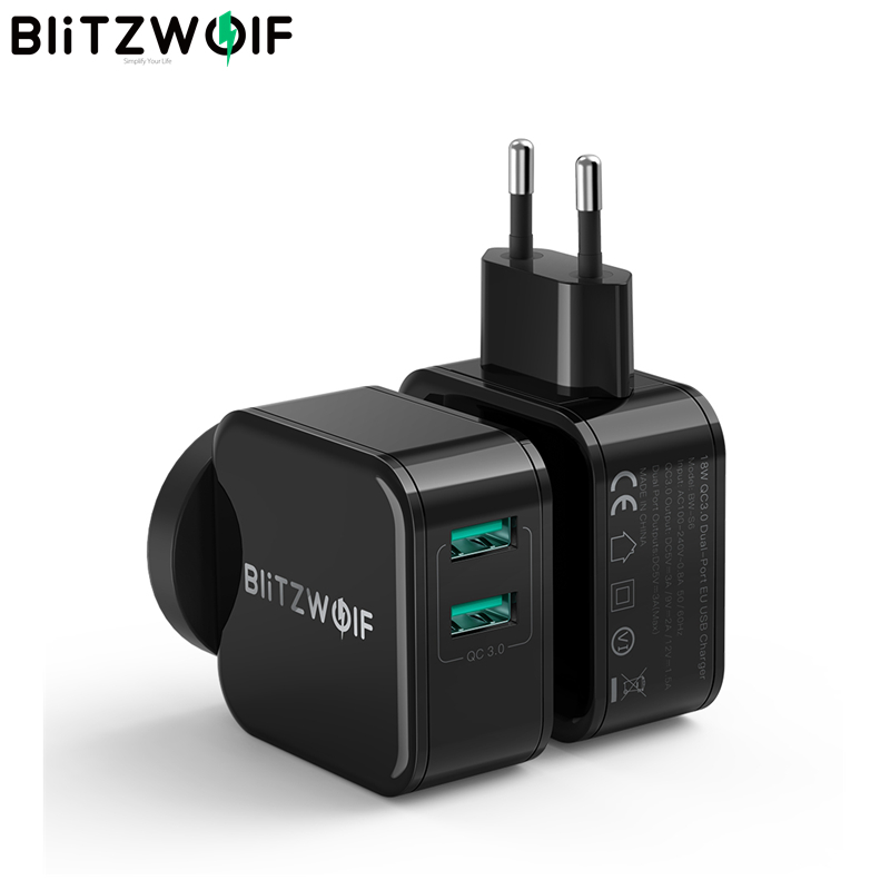 BlitzWolf QC3.0+2.4A 18W Dual USB Fast Charger Port Mobile Phone EU AU Adapter Travel Wall Charger For iPhone 11 8 X For Huawei