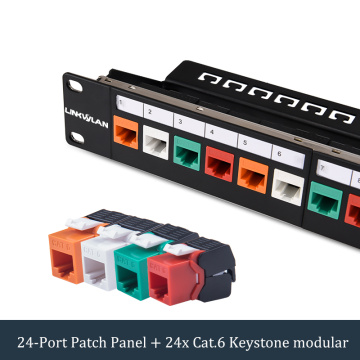 19 inch 24-Port Cat6 Modular Patch Panel Incl. 24pcs RJ45 Tool-less Keystone Jacks (Mixed Color Jacks: Red+Orange+White)