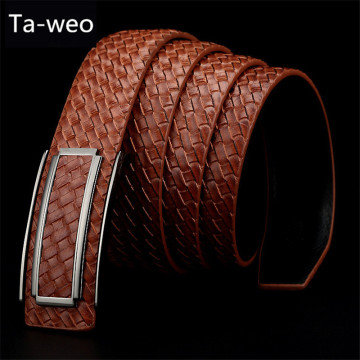 Hot Sale Fashion Men Genuine Leather Belts, Woven Striped Cowhide Waistband Designer Belts Men High Quality, Smooth Buckle Strap