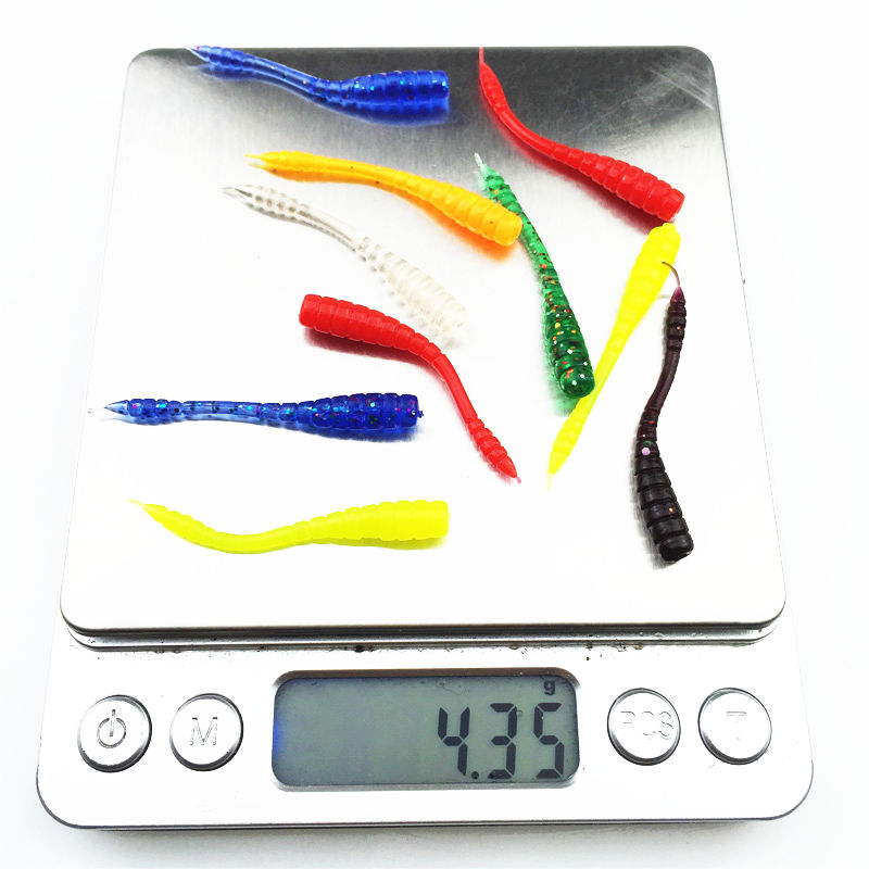 50Pcs Red Worm soft Fishing Lure 4.5cm 0.45g with salt smell 7 colors Fishy Smell Artificial silicone bait Pesca fishing tackle