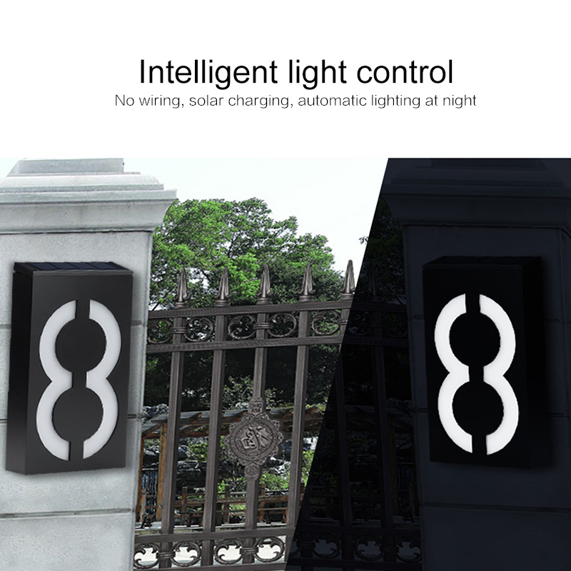 House Number Door Address Plate #0-9 LED Solar Powered Wall Lamp Number Sign Light Automatic On/Off Switch for Hotel Apartment