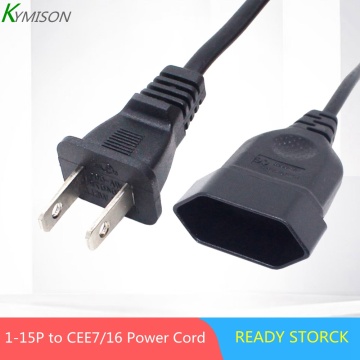 AC Power 2-Prong Male to European EU Female Extension Cord 1-15P to CEE7/16 Power Cable US Plug to Euro Receptacle AC short Cord