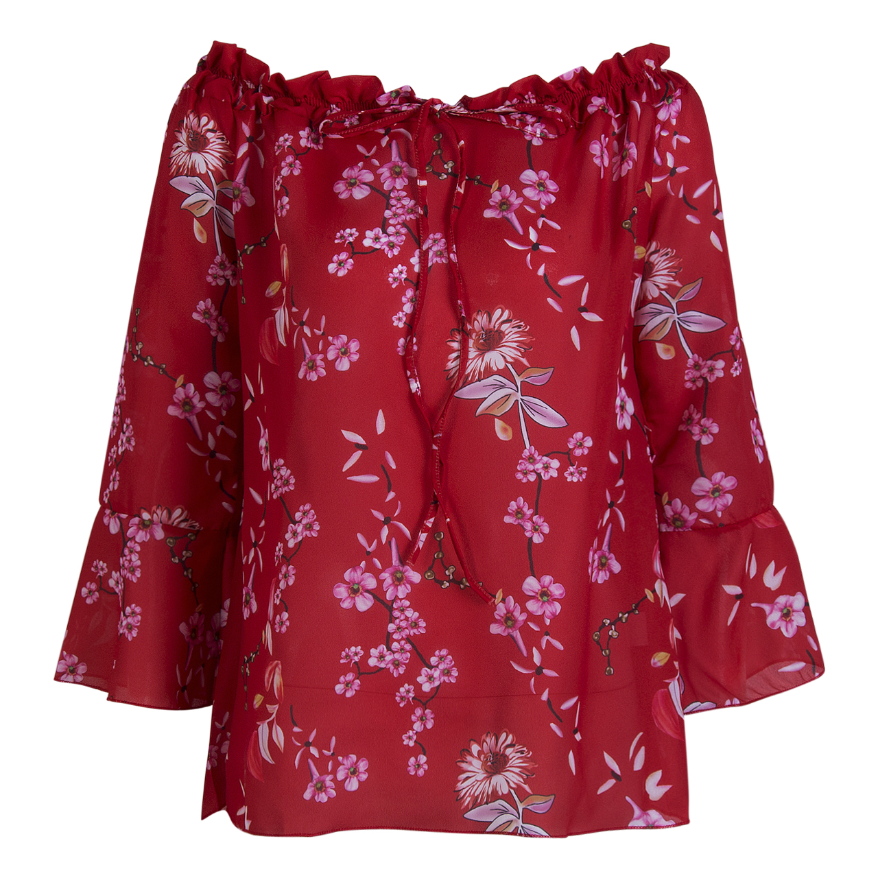 Fashion blouse Women's Off Shoulder flare Long sleeve red gorgeous flower Tops Shirt Casual Blouse Loose Crop female