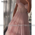 Booma Simple Pink Prom Dresses Spaghetti Straps Tiered Tulle Prom Gowns Exposed Boning A-Line Tea-Length Wedding Party Dresses