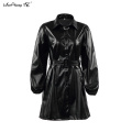 Mnealways18 Black PU Leather Dress Women Fashion Sashes Winter Short Dress Long Sleeve Single-Breasted Casual Dress High Street