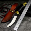 Tiger head forging brass sandalwood handle high carbon steel straight knife outdoor tactical knife hunting knife + Leather Case