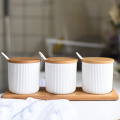 Ceramic Seasoning Pot Salt Sugar Spice Pepper Storage Jar with Bamboo Cover Lid Tray 3 Condiment Pots with Spoons