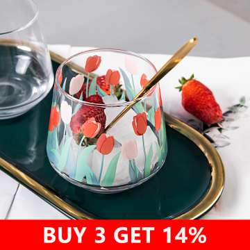 390ML Japan and South Korea Ins Hand-painted Tulip Flower Glass Cup Household Heat-resistant Drinking Cup Big Belly Mousse Cup
