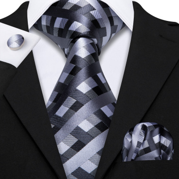 Silk Tie For Men Black White Gray Plaid Necktie Novelty Tie Set Handkerchief Cufflinks For Wedding Business Party Barry .Wang