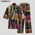 Men's Pajamas Sets Kimono Printed Cotton Half Sleeve V Neck Lace Up Sleepwear Pants Japanese Leisure Men Nightwear Suit INCERUN