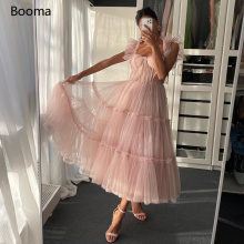 Booma Simple Pink Prom Dresses Spaghetti Straps Tiered Tulle Prom Gowns Exposed Boning A-Line Tea-Length Wedding Party Dresses
