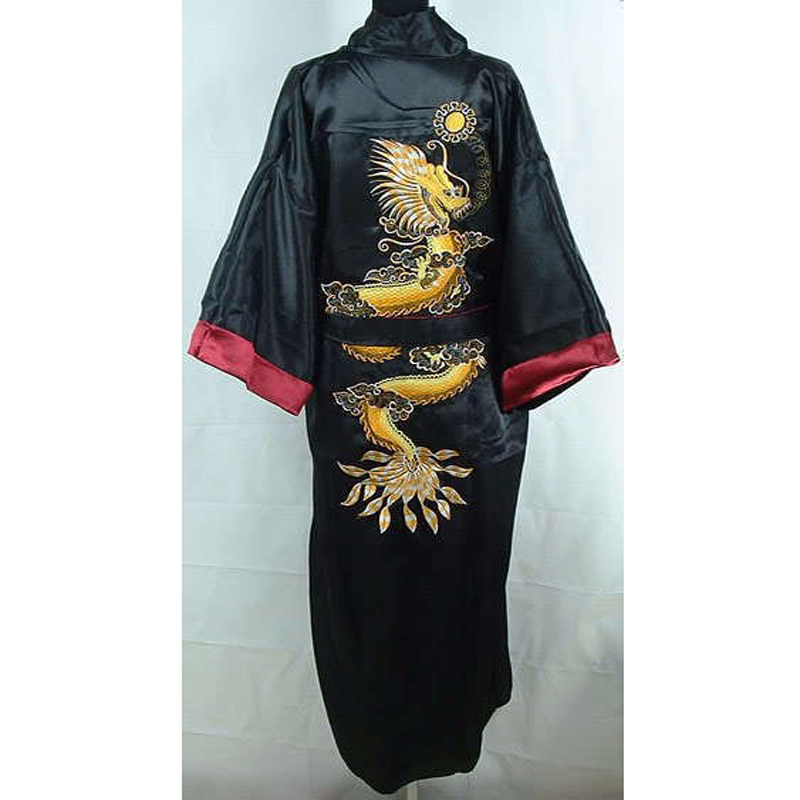 Reversible Black/Burgundy Men's Satin Silk Kimono Gown Chinese Traditional Embroidery Sleepwear Bandage Robe One Size 011011