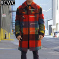 Men's Winter Windbreaker Keep Warm Europe and America Loose Casual Lapel Rainbow Printing Fashion Button Long-Sleeved Plaid Coat