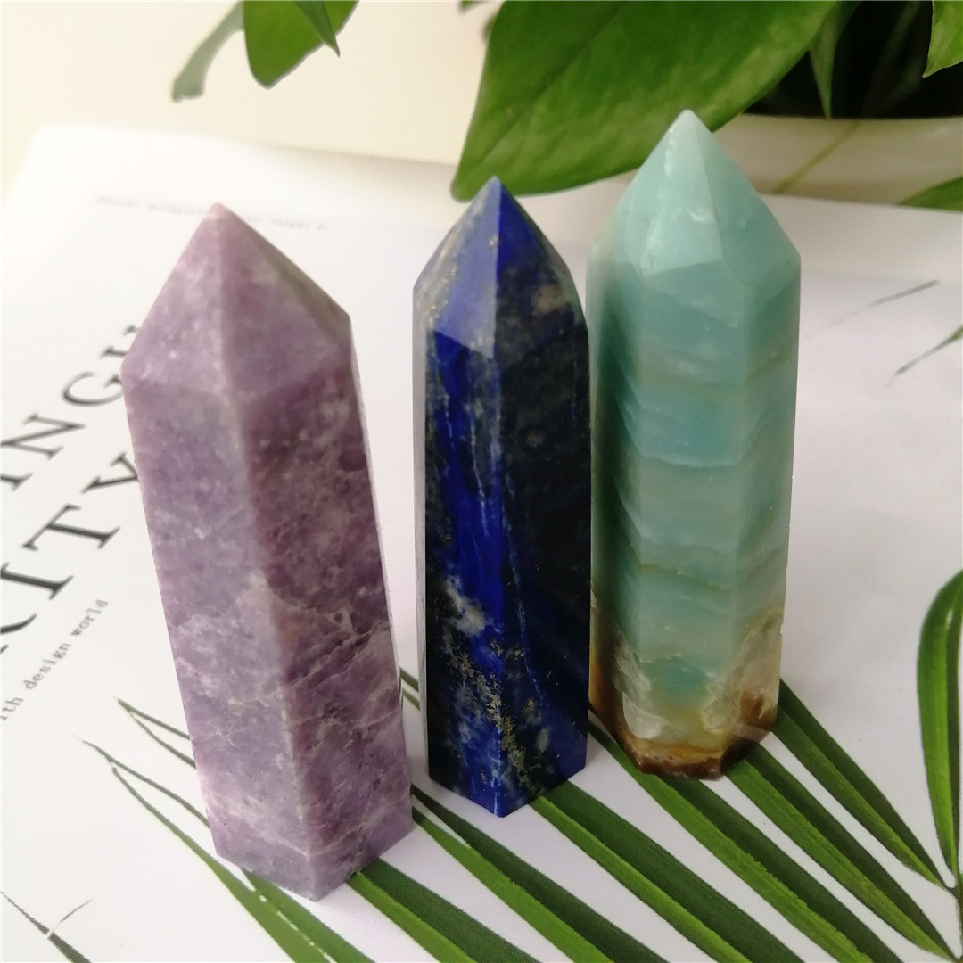 3PCS Natural Gemstones Kunzite Lapis Lazuli Minerals Caribbean Ore Raw Original Stones Carved Tower Healing Crystal Point Wand