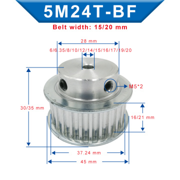 Timing Pulley 5M-24T Bore 6/6.35/8/10/12/12.7/14/15/16/17/19/20 mm Pulley Slot Width 16/21 mm For Width 15/20mm 5M-timing belt