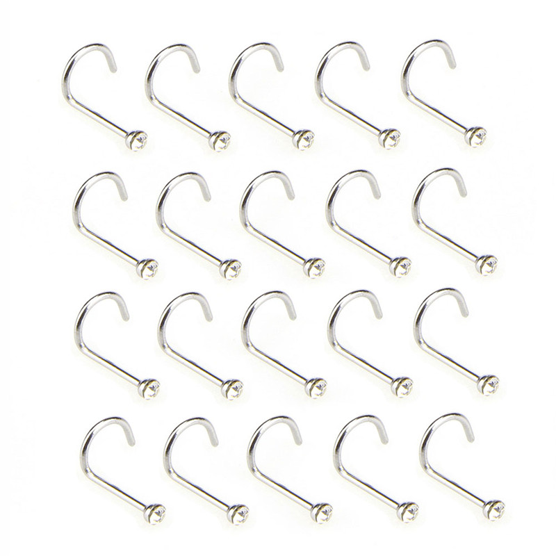 20pcs/lot Nose Studs Hooks Bar Body Piercing Jewelry Stainless Steel Crystal Rhinestone For Women Surgical Steel Nose Ring