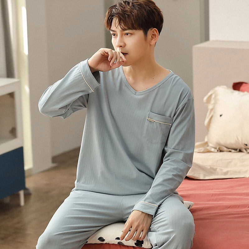 Pure Cotton Men's Pajama Spring And Autumn Thin Loose Full Sleeve Korean Style Solid Color Sleepwear V-Neck Homewear Casual Wear
