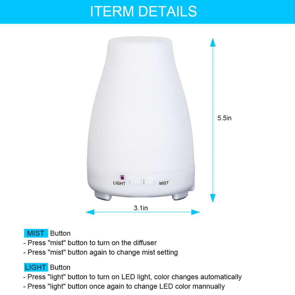 Ultrasonic Humidifier Aromatherapy Oil Diffuser Cool Mist With Color LED Lights essential oil diffuser Waterless Auto Shut-off