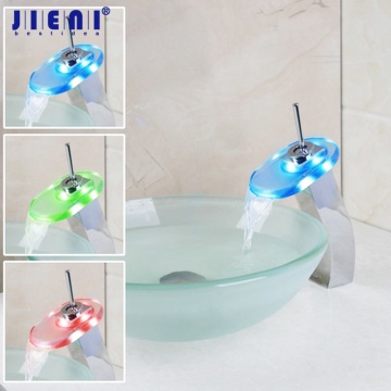 JIENI Waterfall LED Basin Tap+Bathroom Sink Washbasin Tempered Glass Hand-Painted Bath Brass Set Faucet Mixer Tap