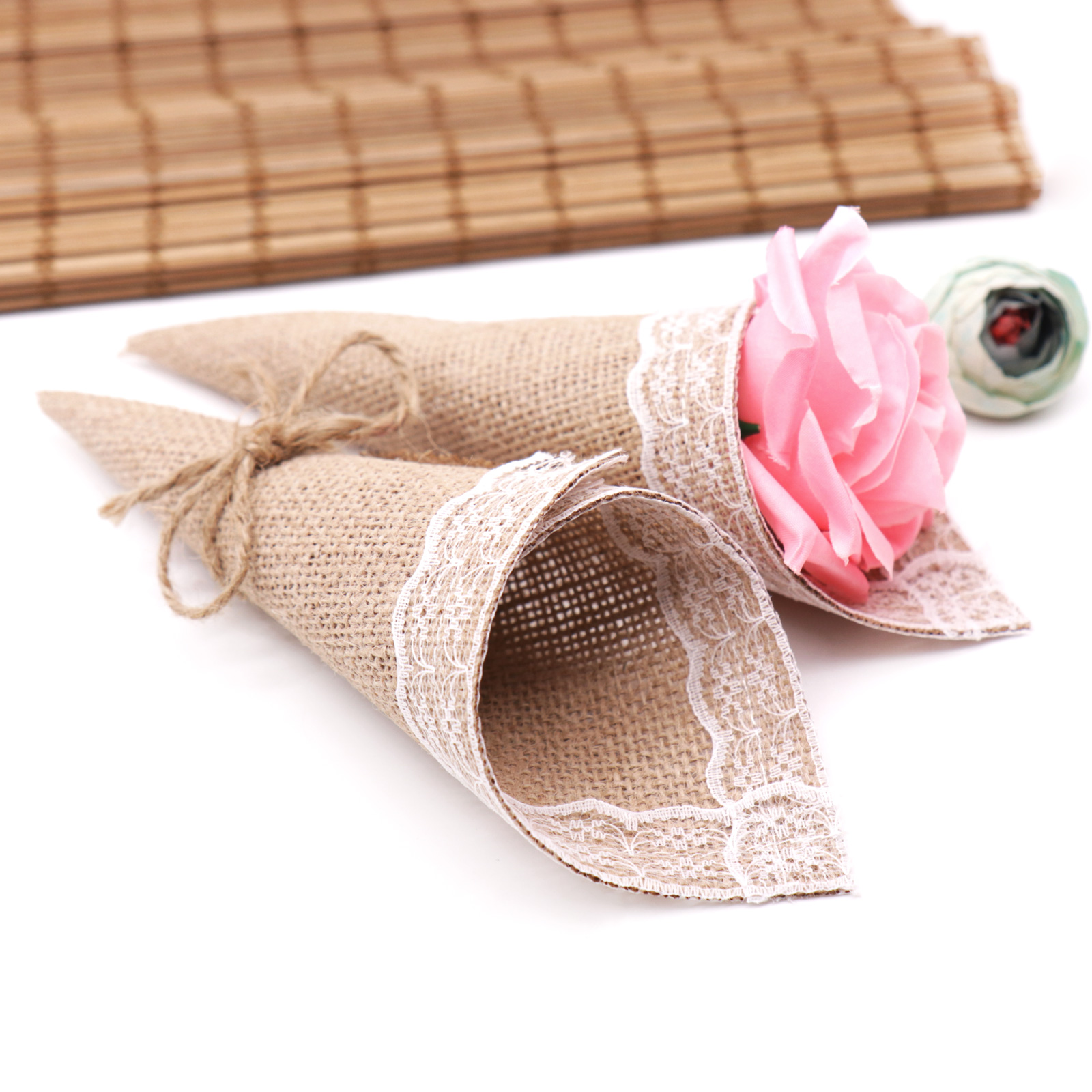 Creative Burlap Lace Cone Bouquet 10pcs DIY Handmade Flower Packaging Box +3M Linen Rope for Wedding Birthday Party Decoration