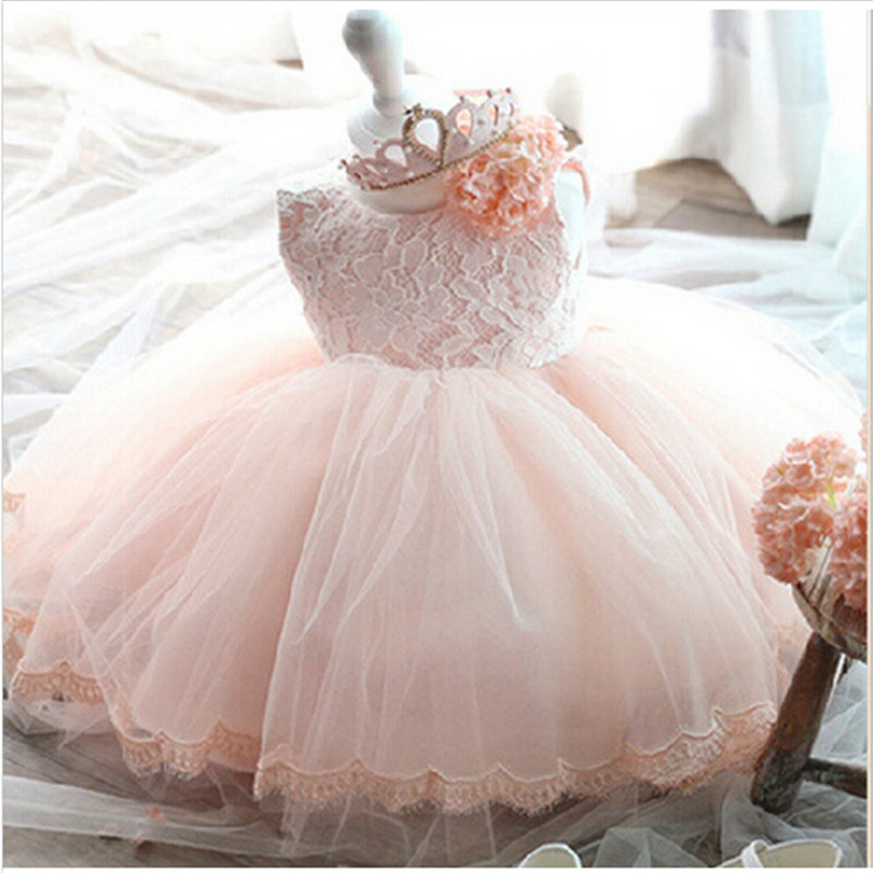 Pink White Lace Newborn Baby Dress Christening/Baptism Dresses with Cute Bow Toddlers Girl 1st 2nd Birthday Party Ball Gown