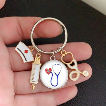 New fashion creative nurse medical syringe stethoscope image keychain glass cabochon and glass dome key ring pendant gift