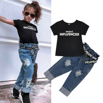 1-6Y Summer Toddler Kids Baby Girl Clothes Sets Letter Tops T-Shirt Denim Pants Jeans Outfits Clothes