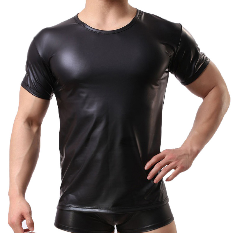 2XL Men T-shirt Faux Leather Shorts Sleeve Tee Shirts Fitness Undershirts Underwear Sexy Stage Latex Costumes Wetlook Clubwear