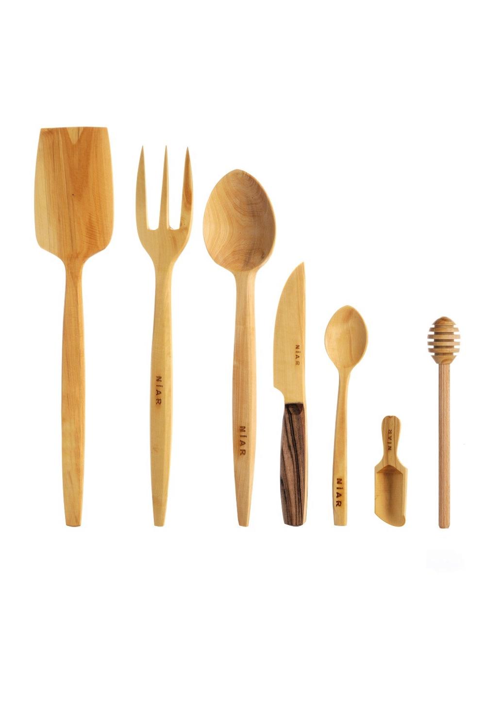 NIAR Wooden Utensil Set - 7 Piece Set Cooking Set - Handmade Kitchen Utensils Set Natural Dinner Spoon, Spatula, Vegetable Knife