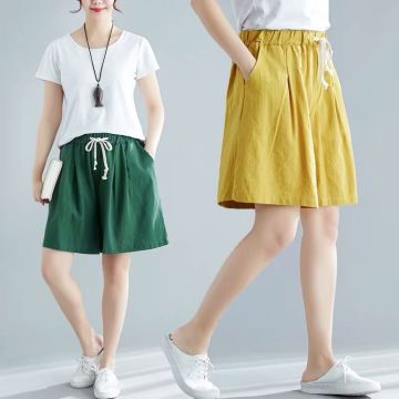 Women Shorts Summer Casual Solid Drawstring loose shorts high waist Cotton and line short for girls Soft Cool female short S-3XL