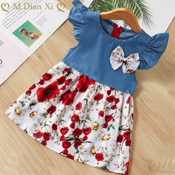 Girls' Dresses 2020 Summer New Children's Denim Floral Flying Sleeve Stitching Dress Cotton Lace Children's Princess Dress