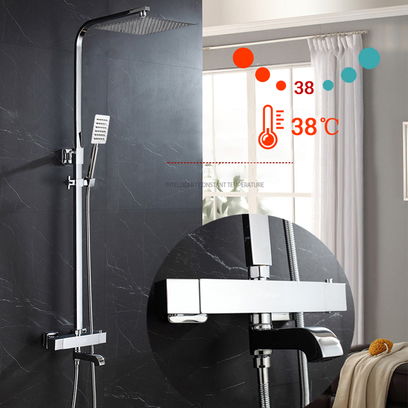 Bathroom Smart Thermostatic Shower Set Wall Mount Square Rainfall Bath Tap Chrome Constant Temperature Faucet Full Shower System
