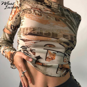 Casual Print Stacked T Shirt Women Hole Graphic Shirts 2020 Y2k Soft Fabric Long Sleeve Autumn New clothes Female Tee Streetwear
