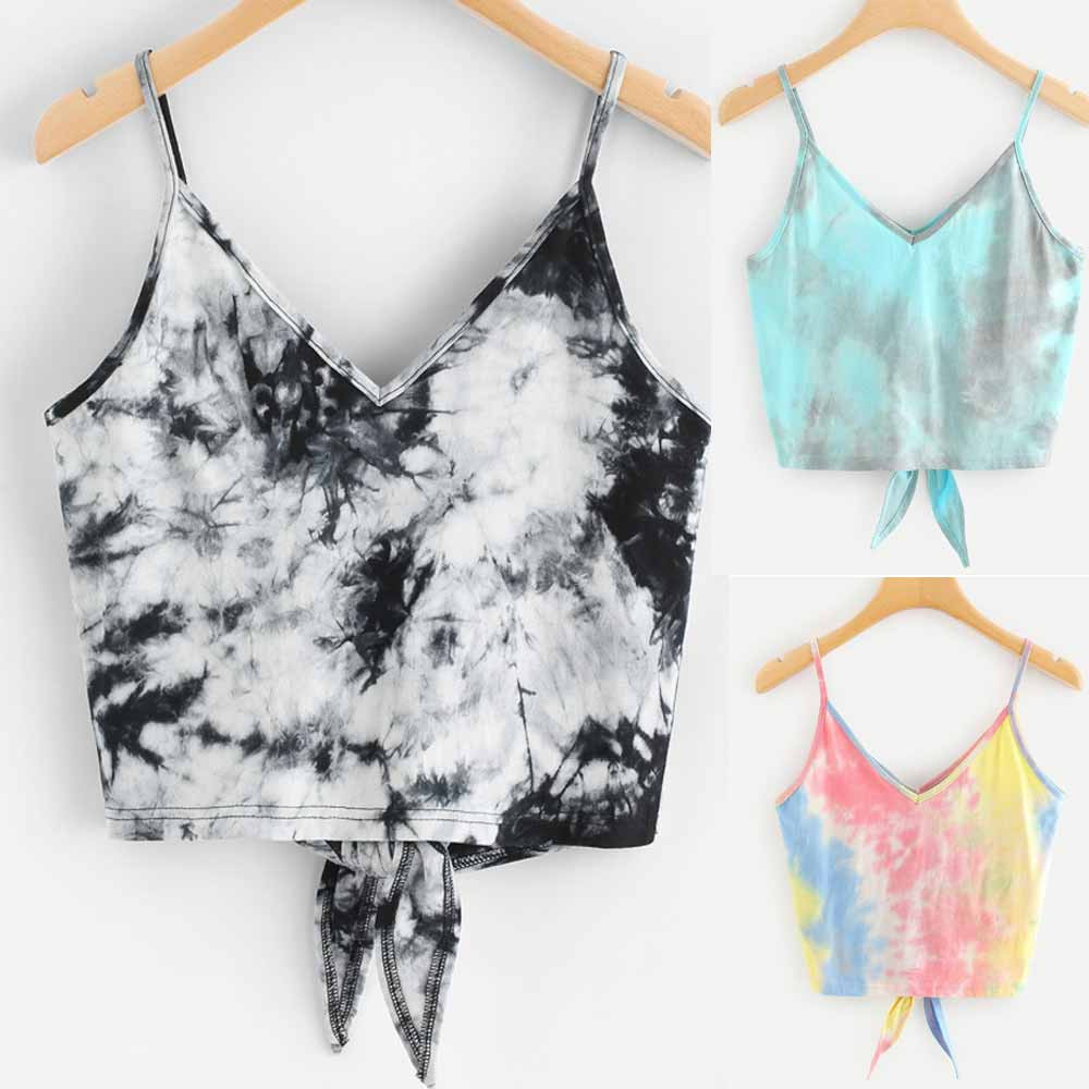 Crop Tops Womens Sexy V Neck Vest Bownot Colorful Printed Croptop Fashion Leisure Sleeveless T-Shirt tops mujer verano 2019 N4