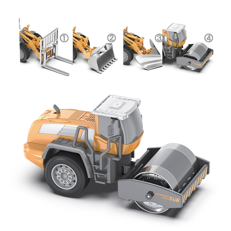 Engineering Road Roller Bulldozer Model Car Forklift Truck Shovel Loader 1:55 Toys Gift Alloy Head Can Exchanged For Kid 1 Set