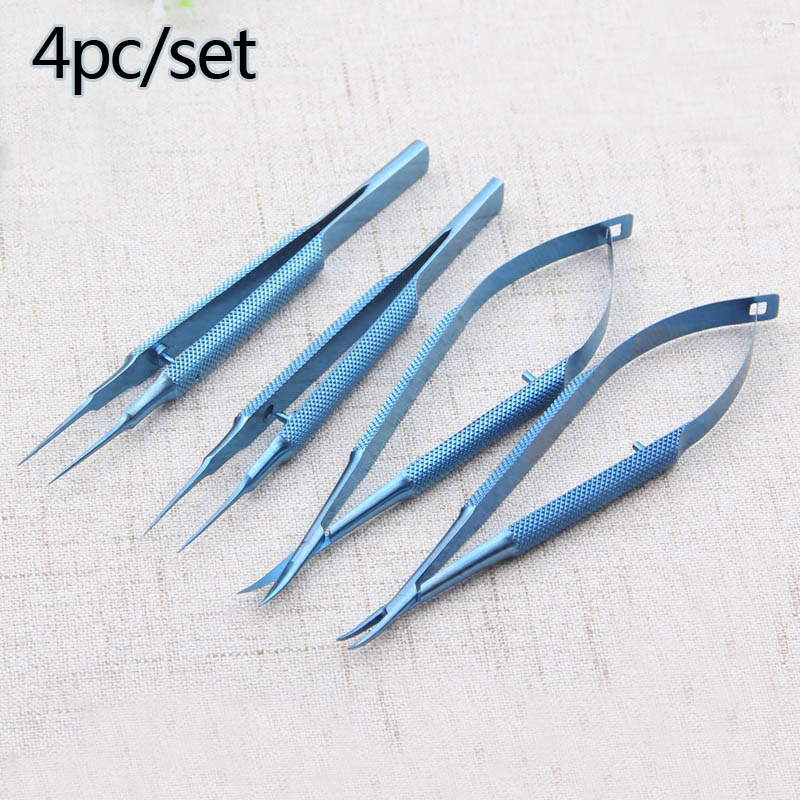 4pcs/setTitanium Tlloy Surgical Instruments Ophthalmic Microsurgical Dental Instruments 12.5cm Scissors+Needle Holders +Tweezers