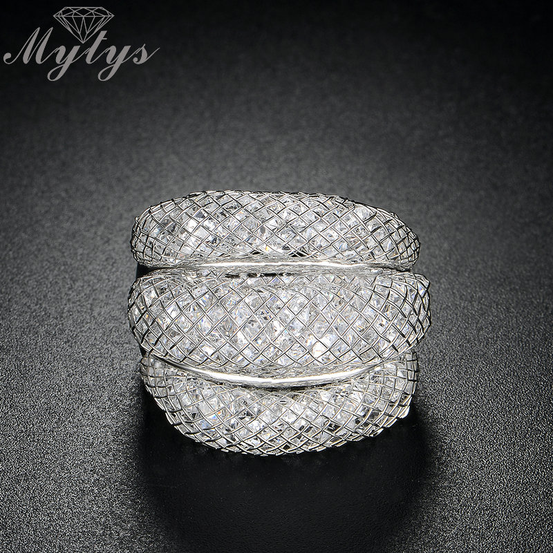 Mytys Brand Fashion Silver Wire Mesh Net Filled Crystal Wedding Party Rings for Women New Design Gift Free Shipping R1830