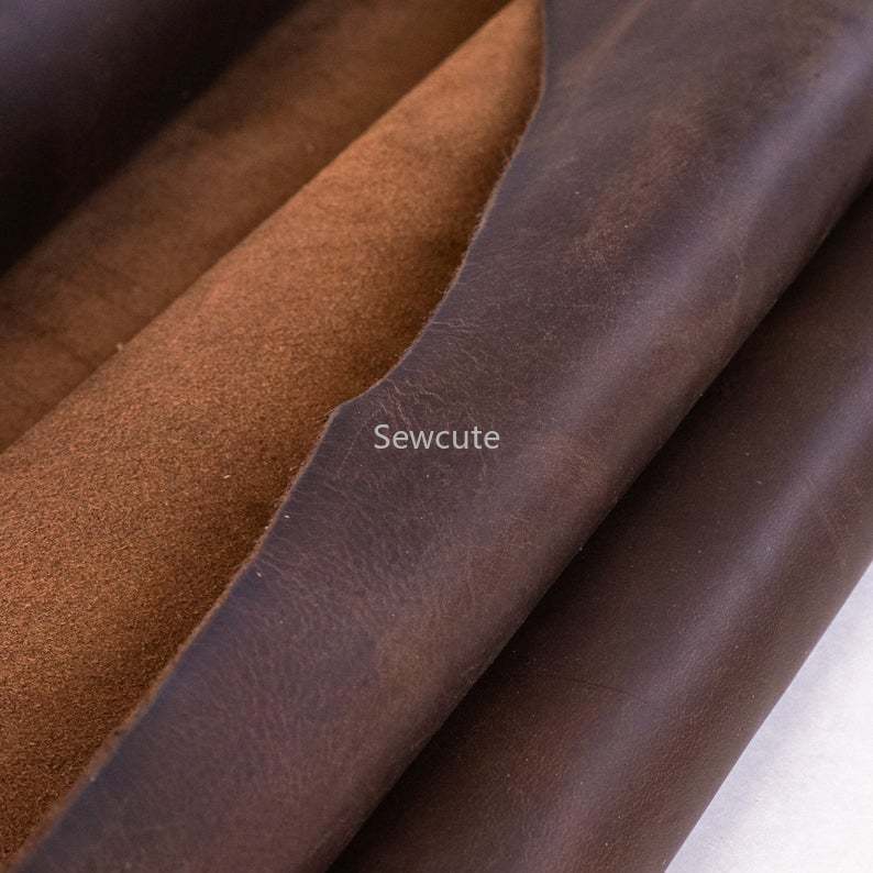 Coffe Brown Oil Tan Cowhide Leather Piece Pre-Cut Square Sheet Genuine Leather for Diy Leather Craft for Belt Wallet Bag Shoes
