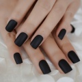 Black False Nail Solid Matte Finish Faux Nails Medium Square Plastic Artificial Fingernails with Adhesive Tabs 24Ct