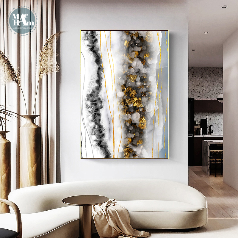 Modern Wall Art Canvas Painting Abstract marble crystal lines Golden Blue Art Poster Print Wall Picture for Living Room Decor