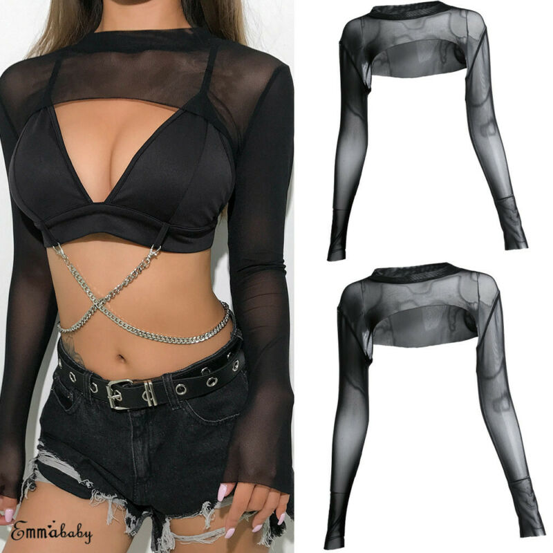 Women Hip Super Short Lace Transparent Mesh Sheer Backless T-shirt Long Sleeve Sexy Crop Tops Bodycon Club Clothes