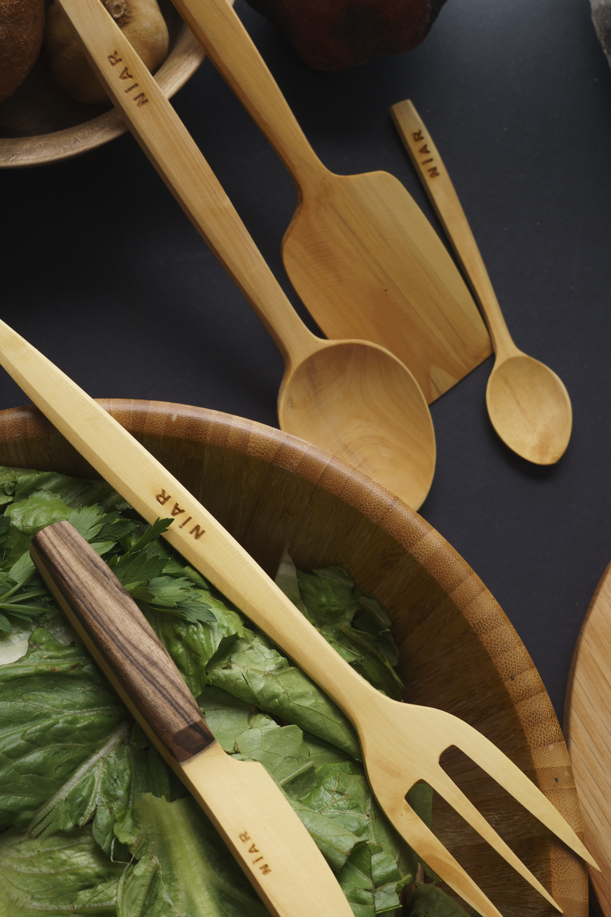 NIAR Wooden Utensil Set - 7 Piece Set Cooking Set - Handmade Kitchen Utensils Set Natural Dinner Spoon, Spatula, Vegetable Knife
