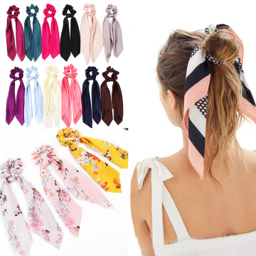 DIY Floral Print Women Hair Scarf Satin Elastic Hair Bands Bohemian Hairband Bow Ribbon Hair Ropes Scrunchie Girls Hair Ties