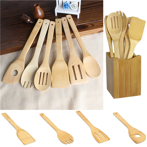 New kitchen tools 1/6pcs Bamboo Spoon Spatula Kitchen Utensil Wooden Cooking Tool Mixing Set ( stand not included)