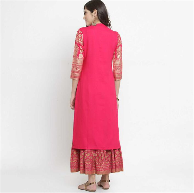 Print Costume India Woman Ethnic Styles Sets Kurtas Cotton India Dress Three Quarter Sleeve Costume Elegent Lady Long Top Skirt
