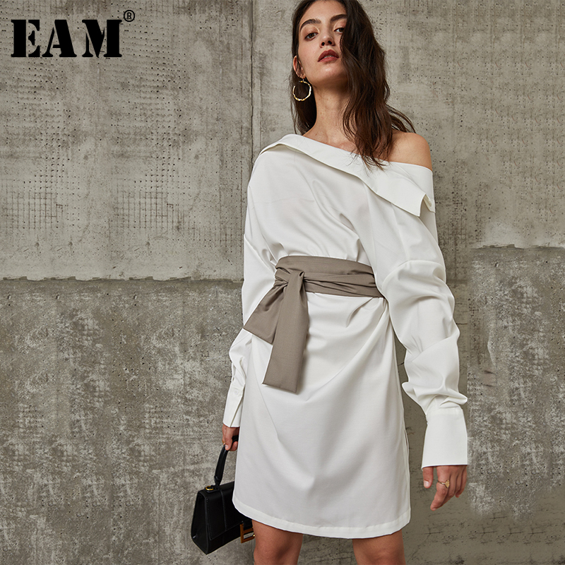 [EAM] Women Irregular Big Size Dress New Asymmetrical Collar Long Sleeve Loose Fit Fashion Tide Spring Autumn 2021 1Y638