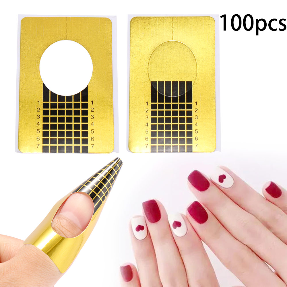100Pcs Women Nail Form for Soak Off UV Gel Quick Extension Nail Gel Gold Professional Nail Art Design Tools French Nails Sticker