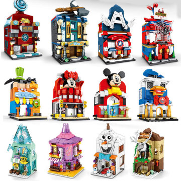 Hot 4pcs Mickey Minnie Shop Store Street Princess Spiderman Captain America marvel Building Blocks Sets Bricks Kids Kits Movie