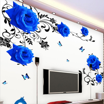 DIY Large Blue Rose Flowers Living Room Decoration Wall Stickers Sofa TV Entrance Background Wall Decals Removable Vinyl Posters