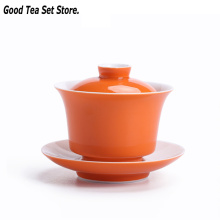 140ML Orange Ceramic Tureen Porcelain Gaiwan Cup with Lid Cover Saucer Puer Green Tea Bowl Kettle Kung Fu Tea Set Accessories